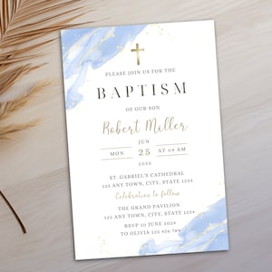 Modern Christening Invitation Boy Baptism Invitation Template Blue Christening Invite Template Blue Watercolor Boys Blue Gold Evite