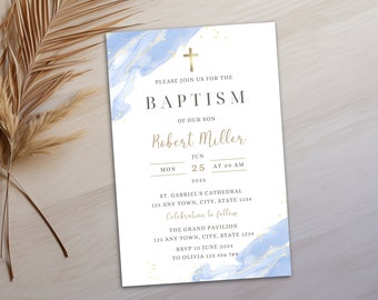 Modern Christening Invitation Boy Baptism Invitation Template Blue Christening Invite Template Blue Watercolor Boys Blue Gold Evite