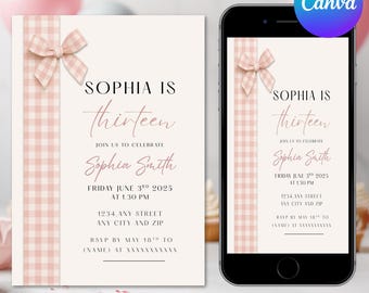 Editable Pink Coquette Bow Invite Digital Template Thirteen Birthday Invitation Pink Coquette Bow Invite Template Canva Invite