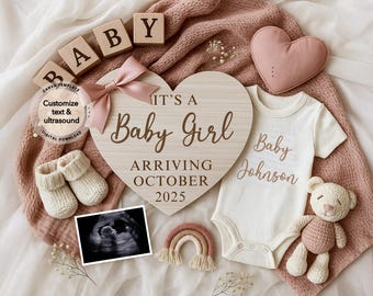 Baby Girl Pregnancy Announcement Digital, Girl Baby Announcement, Baby Reveal, Social Media Reveal, Instant Download Canva Template