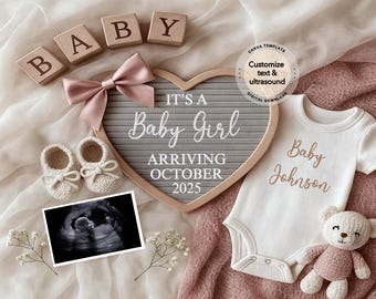Baby Girl Pregnancy Announcement Digital, Girl Baby Announcement, Baby Reveal, Social Media Reveal, Instant Download Canva Template