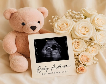 Neutral Minimalist Teddy Bear Pregnancy Announcement Digital Baby Reveal Editable Canva Template Cozy Baby Announcement Social Media