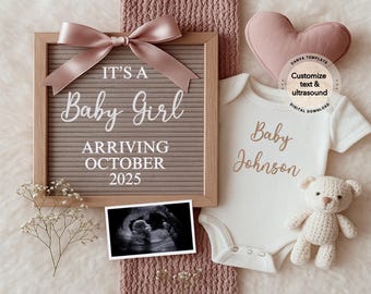 Baby Girl Pregnancy Announcement Digital, Girl Baby Announcement, Baby Reveal, Social Media Reveal, Instant Download Canva Template