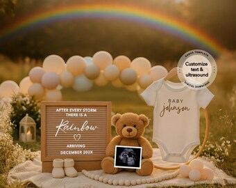 May include: A pregnancy announcement scene with a teddy bear holding an ultrasound scan. A letter board reads "After every storm there is a Rainbow arriving December 202X." A baby onesie with "Baby Johnson" is displayed on a hanger.