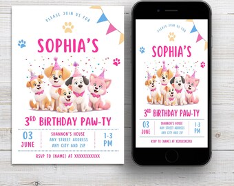 May include: A birthday party invitation with the text "Sophia's 3rd Birthday Paw-ty." The invitation features cartoon dogs wearing party hats. The date, time, and location are also included on the invitation.