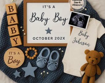 Editable Baby Boy Pregnancy Announcement Digital Template, Baby Announce Boy, Boy Baby Revealing, Social Media Reveal Instant Download Canva