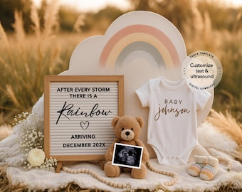 May include: A pregnancy announcement with a white babygrow printed with "BABY Johnson" in gold script, a teddy bear holding an ultrasound scan, and a letter board with the text "AFTER EVERY STORM THERE IS A Rainbow ARRIVING DECEMBER 202X". A rainbow decorates the background.