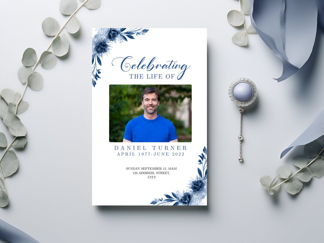Blue Funeral Program Template Editable Memorial Program Etsy