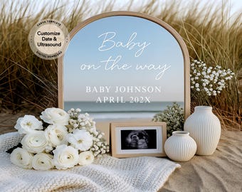 Editable Beach Pregnancy Announcement Digital Download Summer Baby Announce Template Digital Neutral Pregnancy Reveal Instagram Baby Reveal