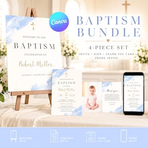 May include: A baptism bundle set with a welcome sign, invitation, thank you card, and phone invite. The sign and invitation feature blue watercolor accents and gold crosses. The set includes a photo of a baby.