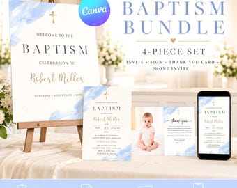 Modern Christening Bundle Boy Blue Baptism Template Kit Christening Bundle Printable Dedication Invitation Set Blue Gold Editable Evite Set
