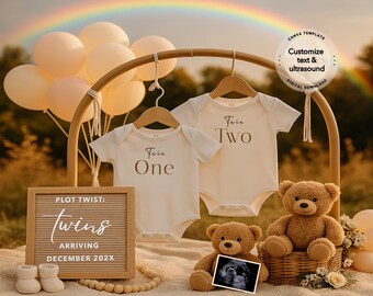 May include: A baby announcement setup with two white onesies, each with "Twin One" and "Twin Two" printed on them. A letter board reads "PLOT TWIST: Twins ARRIVING DECEMBER 202X." Teddy bears, ultrasound image, and balloons complete the scene.