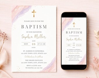 Modern Christening Invitation Girl Baptism Invitation Template Pink Christening Invite Template gold Watercolor Girls Pink Gold Evite