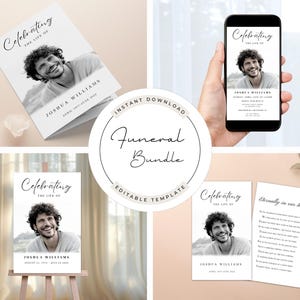 Op de afbeelding: Een begrafenisbundel sjabloon met een bewerkbaar ontwerp. Het sjabloon bevat een zwart-witfoto van een persoon met de tekst "Celebrating the Life of" en de naam "Joshua Williams".