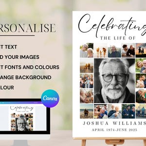 May include: A white poster with a black border and the text "Celebrating the Life of Joshua Williams April 1974-June 2025". The poster features a collage of photos of a man and his family.