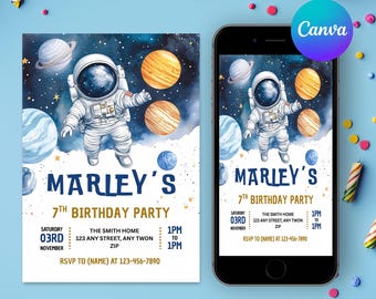 Editable Space Themed Birthday Digital Invite Canva Template Kids Birthday Party Invite Astronaut Invitation Printable Birthday Invite