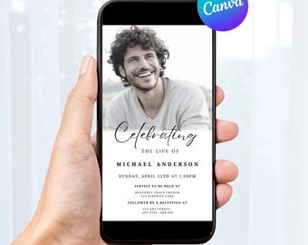 Editable Celebration Of Life Funeral Invitation Template, Digital Death Announcement Evite, Minimal Electronic Funeral Invite, Canv