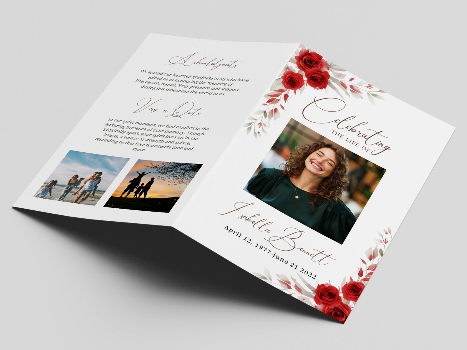 Editable Funeral Program Template Red Roses Memorial Program Minimal ...