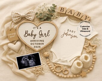 Może przedstawiać: Ogłoszenie o narodzinach w odcieniach beżu. Znak w kształcie serca głosi "It's a Baby Girl, Arriving October 2025". Body mówi "Baby Johnson". Obraz zawiera USG, drewniane klocki z napisem "BABY" i buciki. Dołączona jest również kokarda i etykieta z napisem "coming soon".