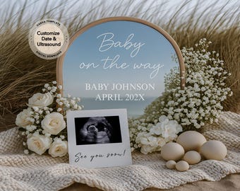 Editable Beach Pregnancy Announcement Digital Download Summer Baby Announce Template Digital Neutral Pregnancy Reveal Instagram Baby Reveal