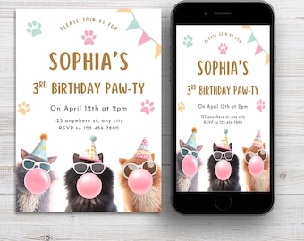 Editable Cat Birthday Invitations Template Cute Cat Girl's Birthday Invitation Editable Kitty Cat Birthday Party Invite Canva Printable