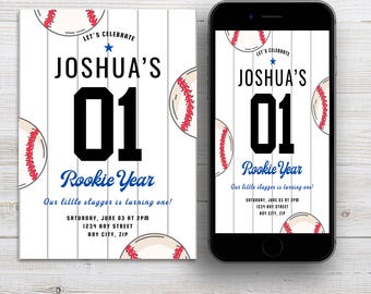 Rookie des Jahres Geburtstagseinladung Baseball bearbeitbare Vorlage Baseball Erster Geburtstag einladen Digitale Einladung Canva Herunterladbare Evite