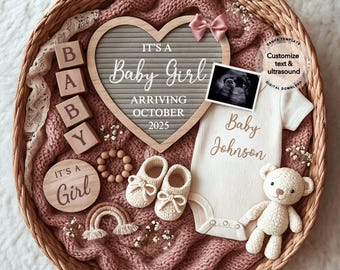 Baby Girl Pregnancy Announcement Digital, Girl Baby Announcement, Baby Reveal, Social Media Reveal, Instant Download Canva Template