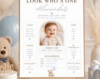 Editable First Birthday Milestone Sign, Teddy Bear First Birthday Milestone Board, Boy 1st Birthday Sign, Blue Birthday Milestone Poster