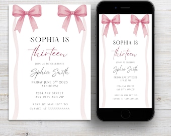 Editable Pink Coquette Bow Invite Digital Template Thirteen Birthday Invitation Minimal Birthday Invitation Template Canva Invite
