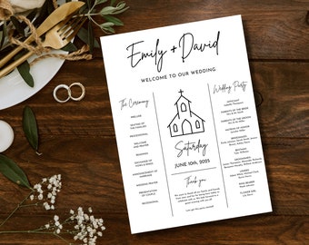 May include: A wedding program with the names "Emily + David" at the top. The program includes the ceremony details, wedding party, and a thank you message. The design is black text on a white background, with a church illustration.