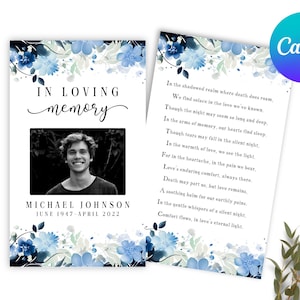 Begrafenis gebedskaart digitale download afdrukbare mens blauwe elegante Memorial kaartsjabloon Floral In liefdevolle herinnering viering van het leven gedicht