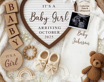 Baby Girl Pregnancy Announcement Digital, Girl Baby Announcement, Baby Reveal, Social Media Reveal, Instant Download Canva Template