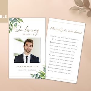 Funeral Prayer Card Mens Editable Memorial Card Template Digital Download Printable In Loving Memory Comforting Celebration of Life Poem