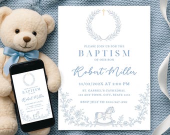 Modern Christening Invitation Boy Baptism Invitation Template Blue Christening Invite Template Blue Watercolor Boys Blue Gold Evite