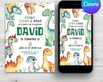 May include: A printable dinosaur birthday invitation with a green, blue, and orange watercolor dinosaur design. The invitation says "Stomp, Chomp & Roar Let's Party Like a Dinosaur David is Turning 5! June 21 at 10:00 AM 123 Anywhere St. Any City RSVP +123 456 7890"