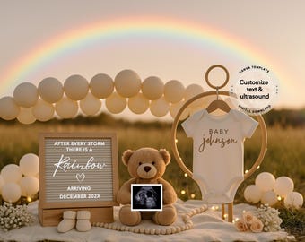 May include: A baby announcement scene with a rainbow backdrop. A letter board reads "After every storm there is a Rainbow arriving December 202X." A teddy bear holds an ultrasound image. A white onesie with "Baby Johnson" hangs on a wooden hoop.