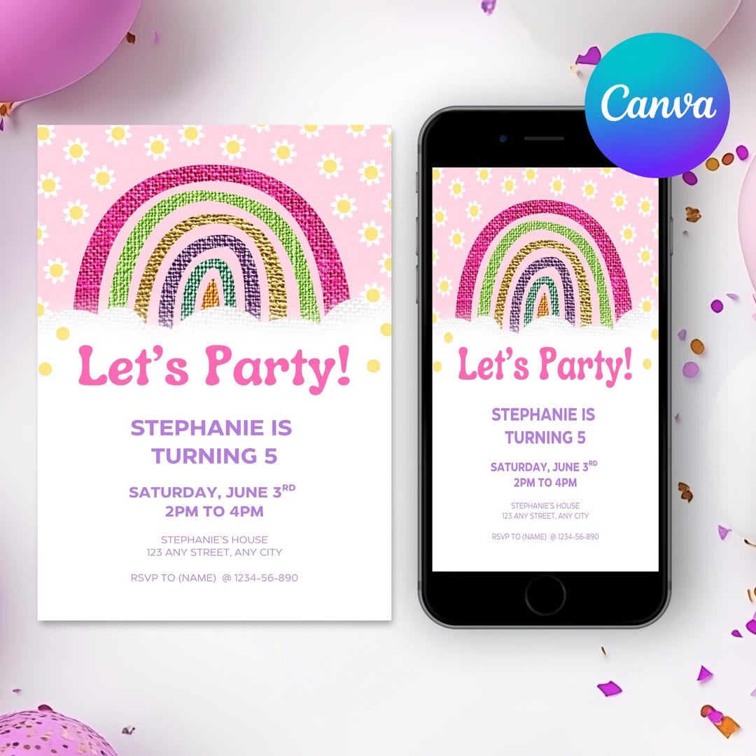 Rainbow Glitter Birthday Party Invitation Kids Editable Template ...