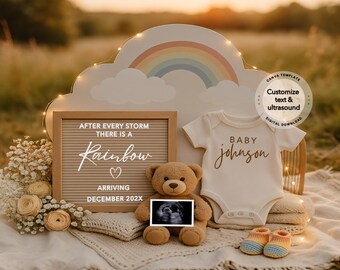 May include: A baby announcement scene featuring a teddy bear, ultrasound scan, and a letter board with the text "After every storm there is a rainbow, arriving December 202X." A white babygrow with "Baby Johnson" is also present.