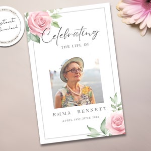 Plantilla editable para programa funerario Rubor floral Celebración de la vida Programa funerario Memorial funerario para mujeres Orden de servicio rosa