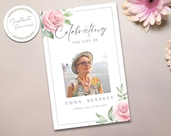 May include: A white memorial card with a pink floral design and a photo of a woman. The text reads "Celebrating the life of Emma Bennett April 1957-June 2022".