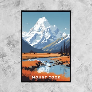 Mount Cook Aoraki Poster, Retro Travel Poster, Travel Print, Wall Art, Vintage Artwork, New Zealand Poster, Multiple sizes, UNFRAMED