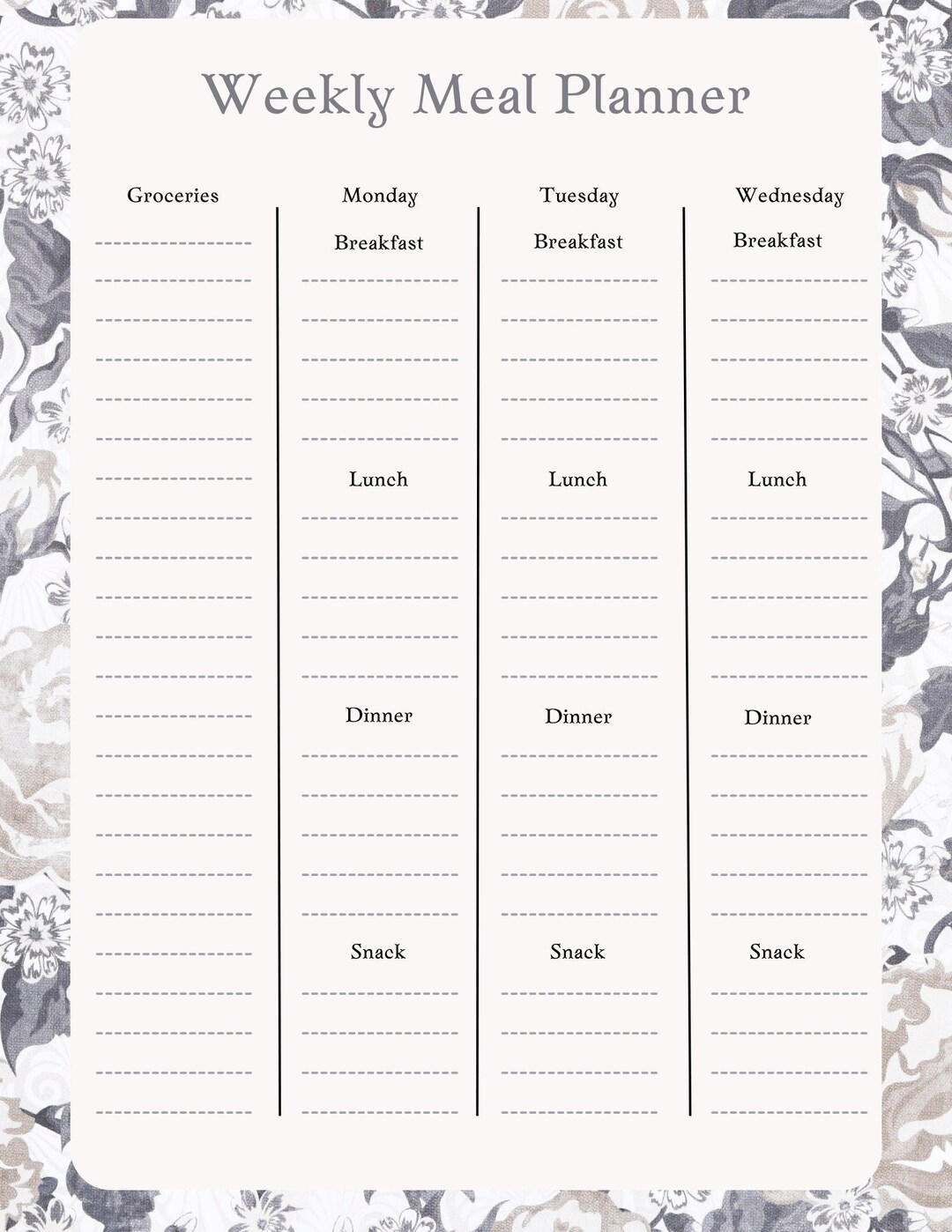 Gray Floral Weekly Meal Planner - Etsy
