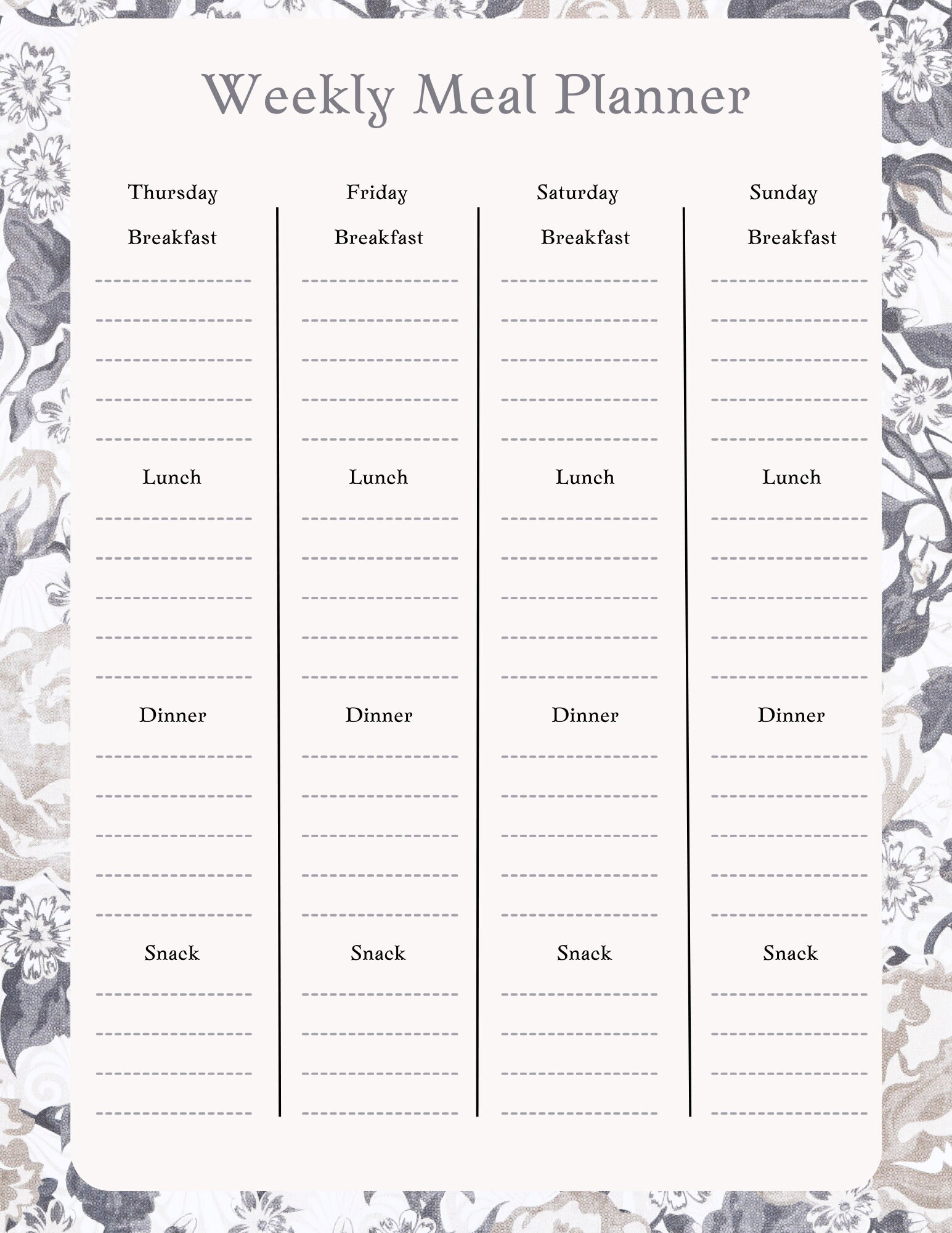 Gray Floral Weekly Meal Planner - Etsy