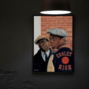 May include: A painting of two young men wearing hats. The man on the right is wearing a grey hat and a blue jacket with the words "Cooley High" and a basketball graphic. The man on the left is wearing a brown hat and a dark blue jacket. The background is a brick wall.
