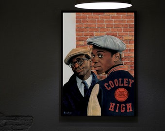 May include: A painting of two young men wearing hats. The man on the right is wearing a gray hat and a blue jacket with the words "Cooley High" and a basketball graphic. The man on the left is wearing a brown hat and a dark blue jacket. The background is a brick wall.