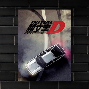 May include: A poster featuring the Initial D logo in red and black with the Japanese characters for Initial D in white. The poster has a white and gray car with red taillights drifting on a gray road with white lines.