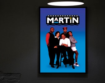 May include: A blue poster with the word "MARTIN" in white letters with a yellow circle and a blue line. The poster features a group of five people, four of whom are African American, standing in front of a blue background.
