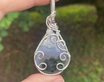 Purple Moss Agate in Sterling Silver Wire Wrapped Necklace