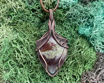 Vivid Moss Agate in Antiqued Copper Wire Wrapped Necklace