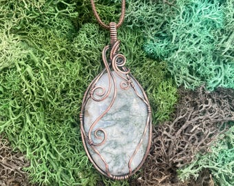 Statement Tree Agate in Antiqued Copper Wire Wrapped Necklace